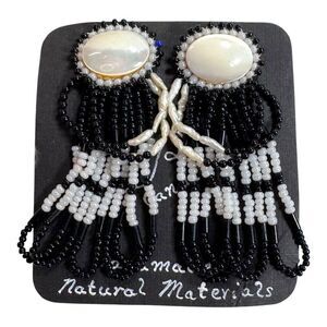 Vintage Mother of Pearl Cabochon Handmade Black & White Beaded Dangle Earrings